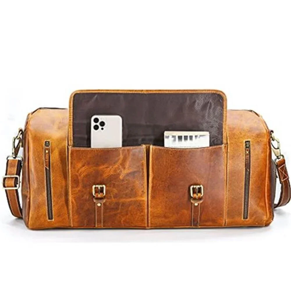 Men's Leather Duffle Bag, Distressed Tan, 28 Inch